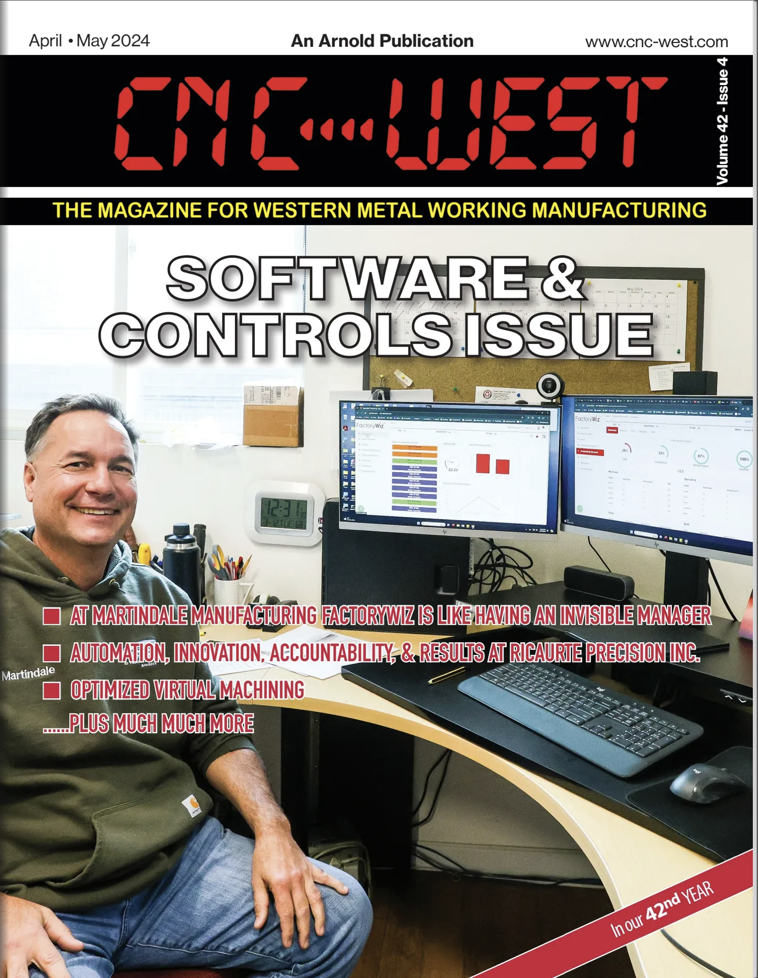 CNC West Magazine Cover April/May 2024 software and controls issue. photo is a guy with computers behind him showing shop management software on screen.